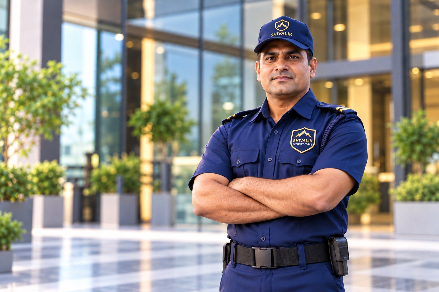 Uniformed security guard at a building entrance