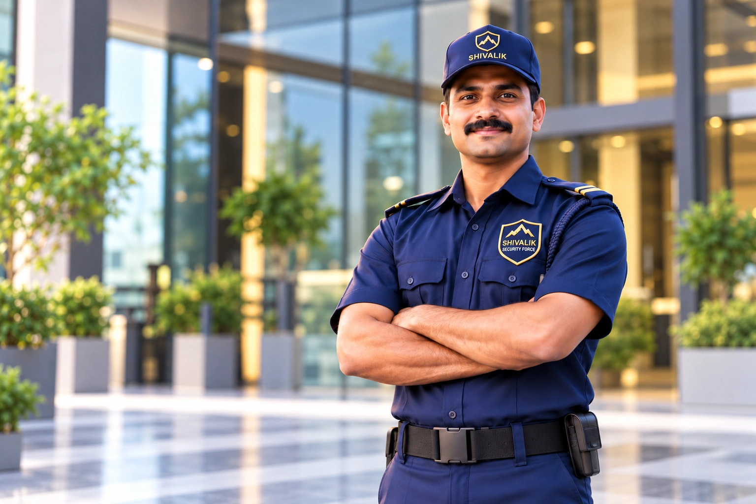 Shivalik Security Force guard in navy uniform at a building entrance