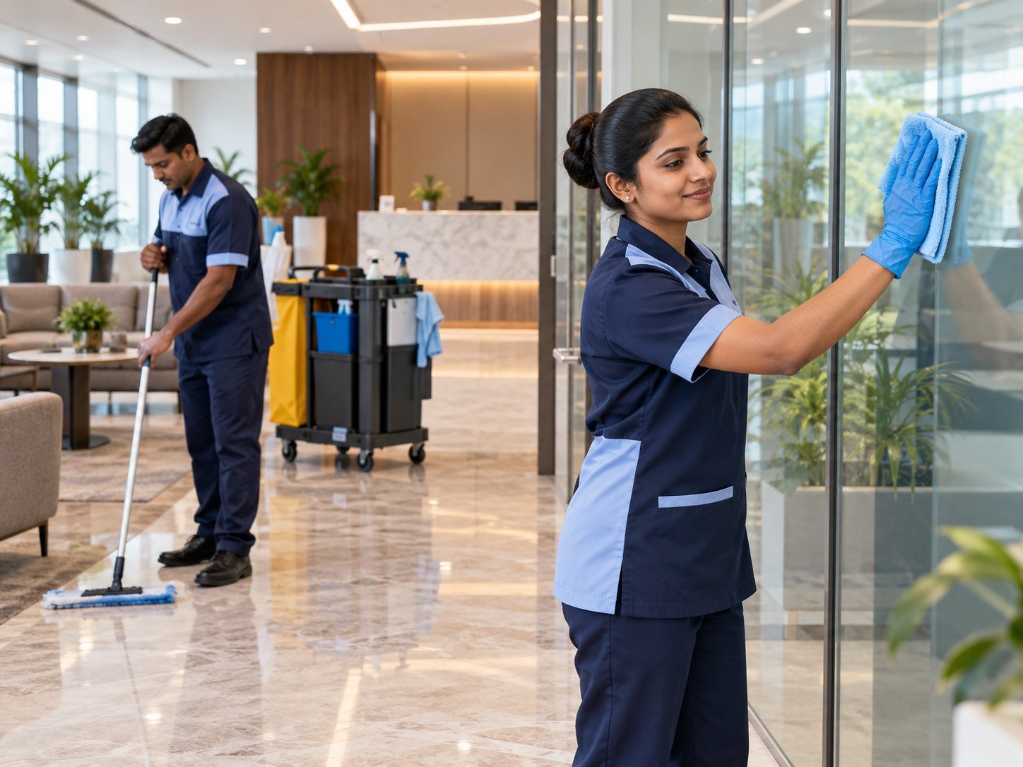 Illustrative housekeeping team caring for a modern commercial lobby