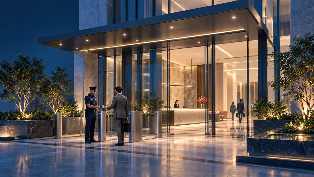 Security at a modern corporate office entrance