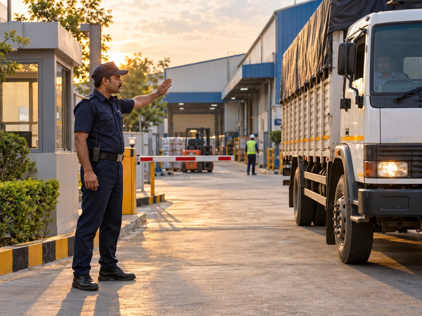 Illustrative security officer coordinating a delivery truck at an industrial gate