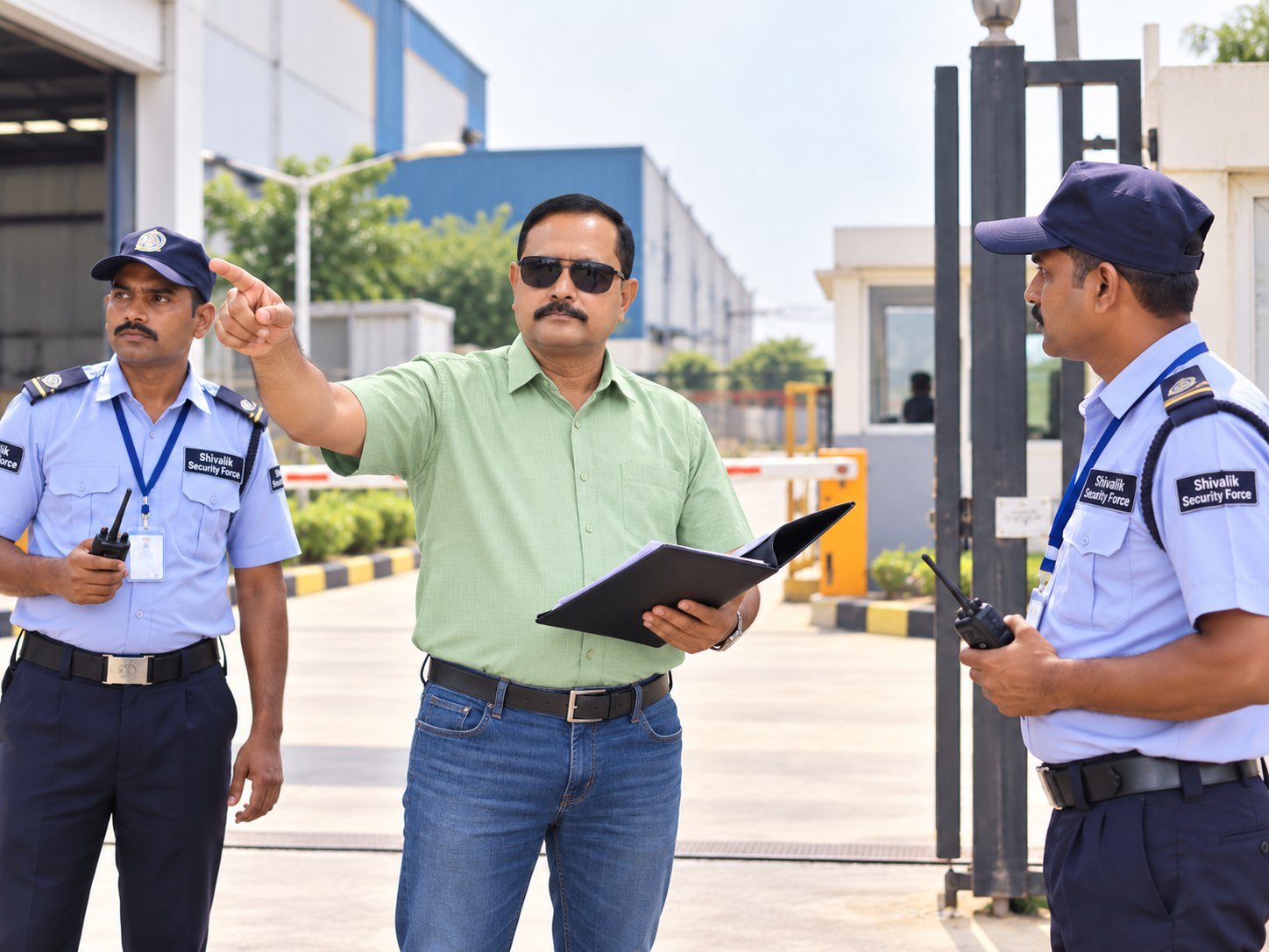 Illustrative site briefing with a supervisor and security officers at a checkpoint