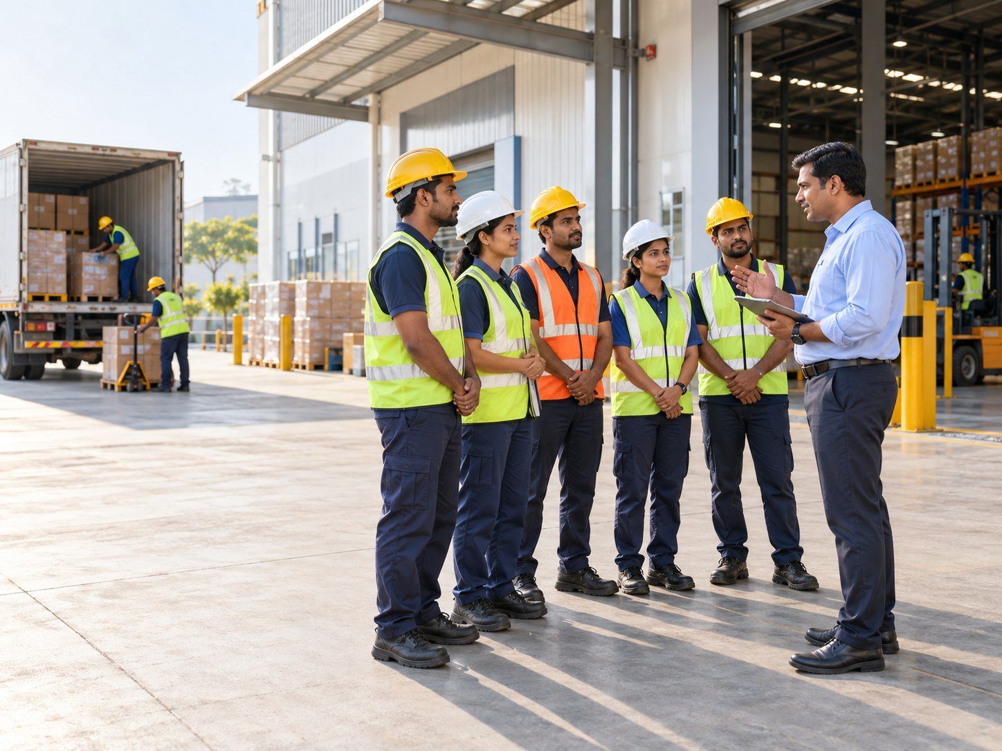 Illustrative site supervisor briefing an industrial workforce team