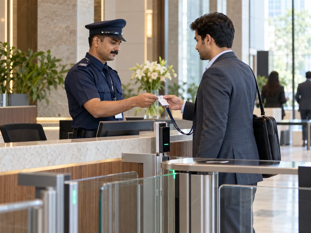 Illustrative scene of a security officer checking a visitor at an office entrance