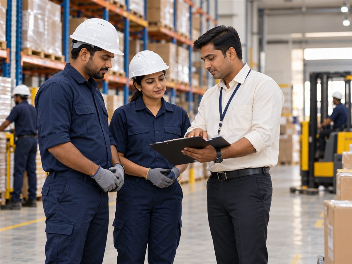Illustrative scene of warehouse workers discussing an assignment with a supervisor