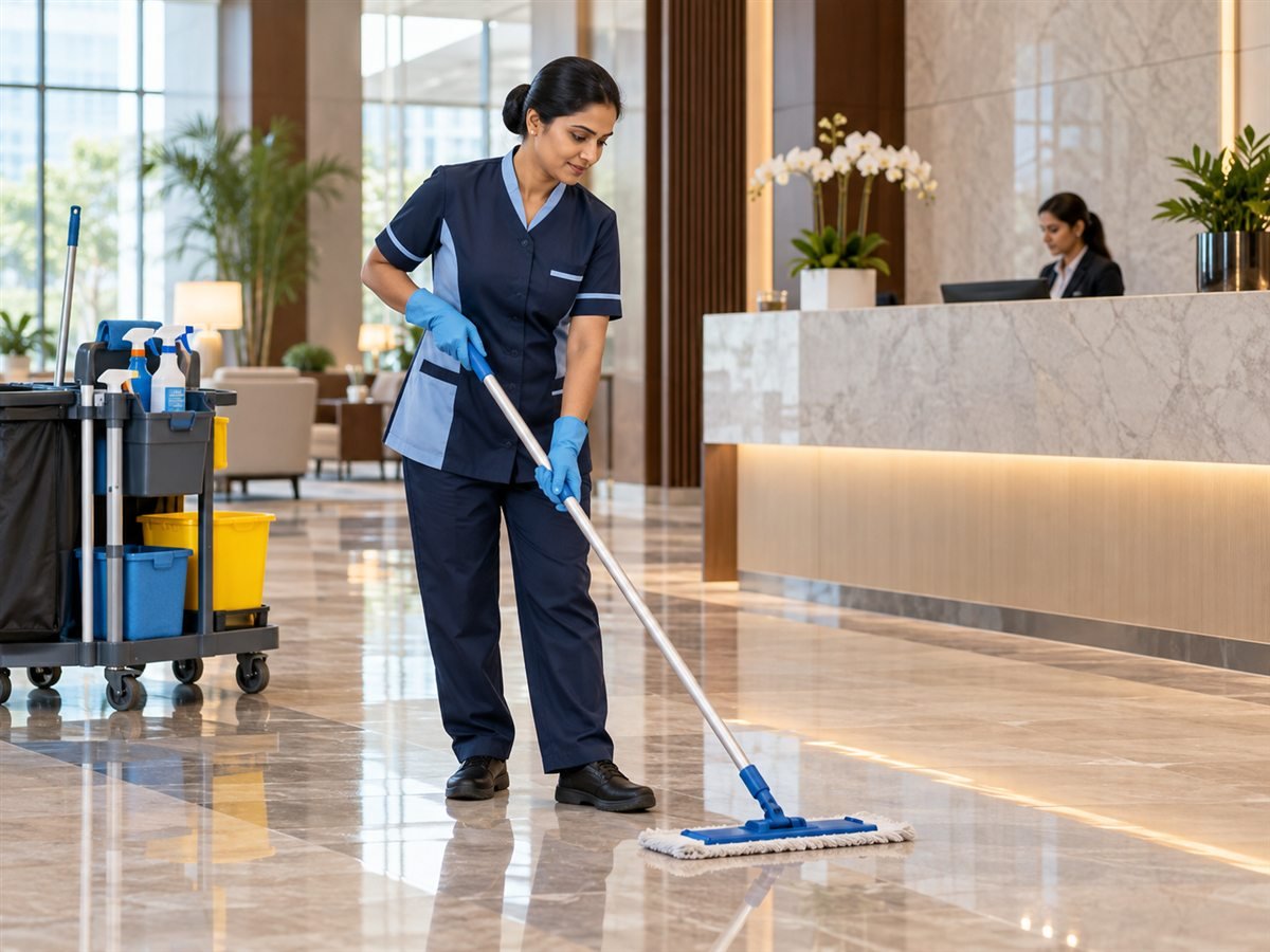 Illustrative scene of a housekeeping professional cleaning a commercial lobby