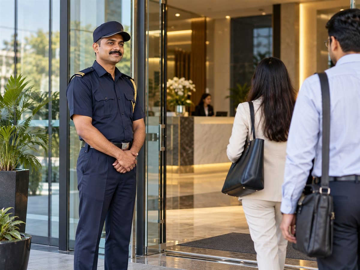 Illustrative scene of a security officer welcoming visitors at a modern office entrance