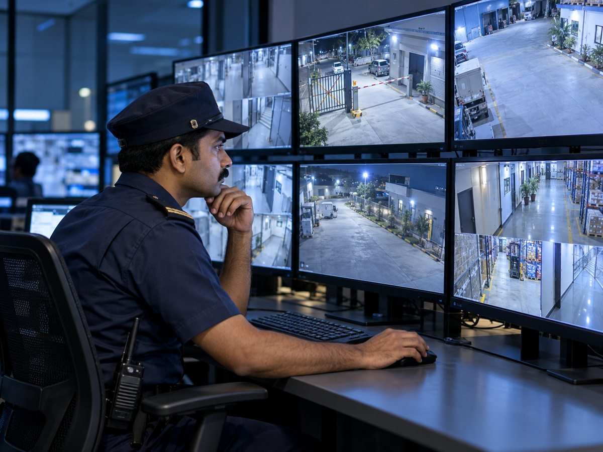 Illustrative scene of a security officer reviewing camera views in a monitoring room