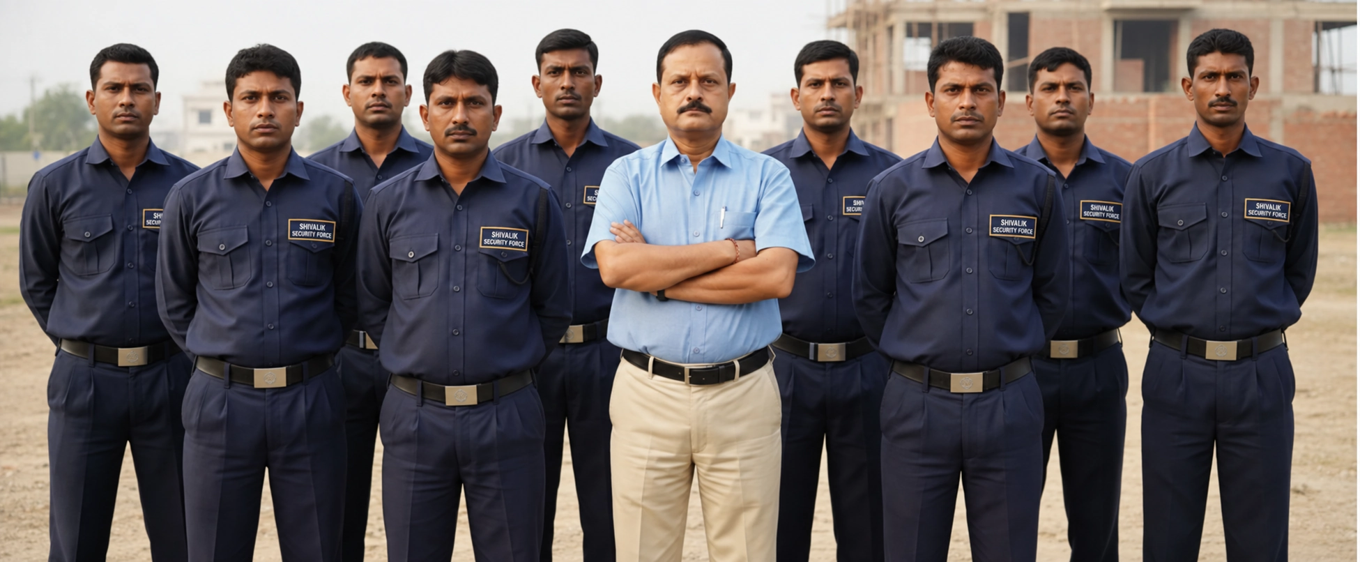 Ranjit Singh standing with folded arms at the centre of the Shivalik Security Force team